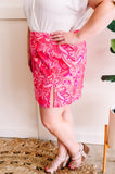 Corduroy Skirt With Front Slit In Bright Pink Paisley